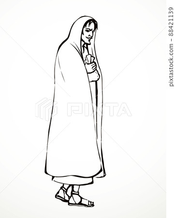 Traitor Judas with a bag of money. Vector drawing 88421139