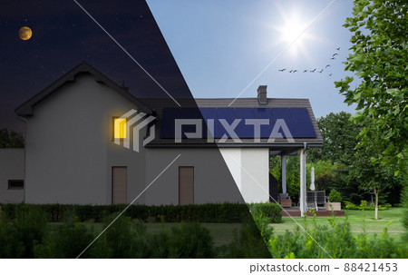 Solar panels on roof house - day and night. Solar panels on roof house - day and night. 88421453