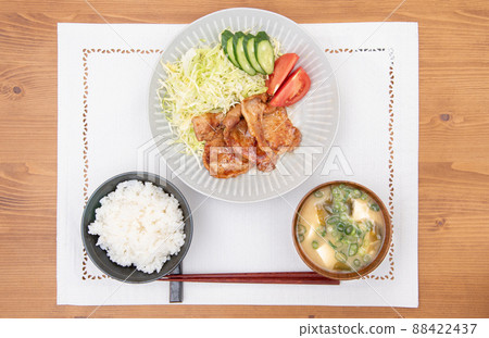 Homemade pork ginger-grilled set meal taken from a bird's-eye view Homemade pork ginger-grilled set meal taken from a bird's-eye view 88422437