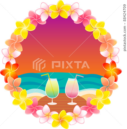 Plumeria floral decorations and resort-like illustrations of drinks and tables on the backdrop of tropical sunset beaches Plumeria floral decorations and resort-like illustrations of drinks and tables on the backdrop of tropical sunset beaches 88424709