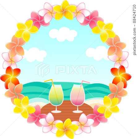 Plumeria floral decorations and resort-like illustrations of drinks and tables on a tropical beach background Plumeria floral decorations and resort-like illustrations of drinks and tables on a tropical beach background 88424710