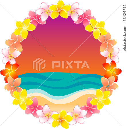 雞蛋花裝飾和熱帶日落海灘度假村般的插圖 88424711