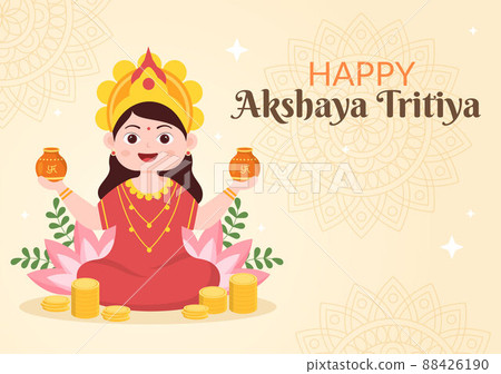 Akshaya Tritiya Festival with a Golden Kalash, Pot and Gold Coins for Dhanteras Celebration with Maa Lakshmi on Indian in Decorated Background Template Illustration 88426190