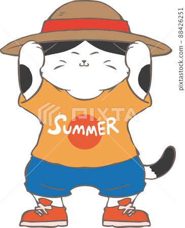 Illustration of a tabby cat wearing a straw hat - Stock