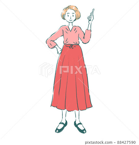 The whole body of a woman who raises one hand and puts one hand on her waist 88427590