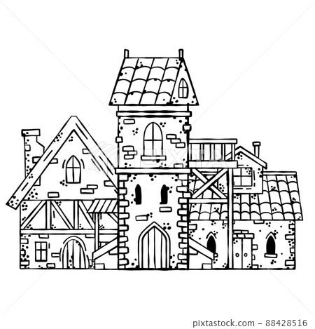 Old medieval castle with gate. European cartoon city. Fairy tale fortress with tower. 88428516