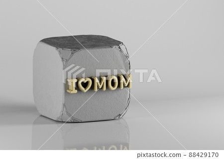 Beautiful Golden words I LOVE MOM and heart symbol on a beton cube and white ceramic background. 3d rendering illustration. Background pattern for design. Mothers Day. 88429170