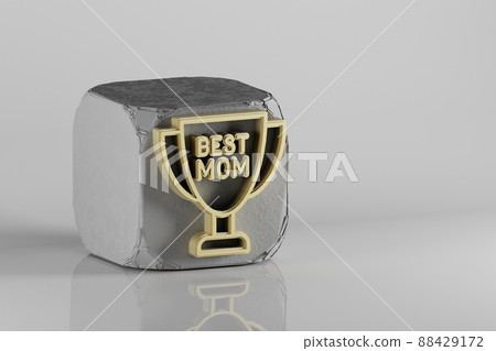 Beautiful Golden cup with words BEST MOM and heart symbol on a beton cube and white ceramic background. 3d rendering illustration. Background pattern for design. Mothers Day. 88429172