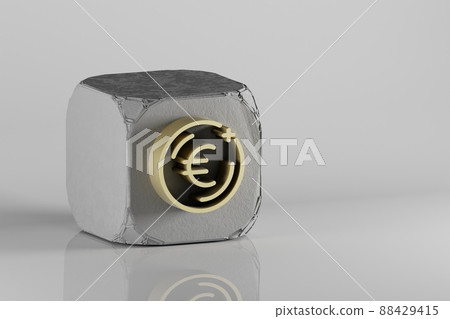 Beautiful Golden Euro Coin symbol on a beton cube and white ceramic background. 3d rendering illustration. Background pattern for design. Beautiful Golden Euro Coin symbol on a beton cube and white ceramic background. 3d rendering illustration. Background pattern for design. 88429415