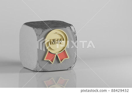 Beautiful Golden NEW Badge symbol  on a beton cube and white ceramic background. 3d rendering illustration. Background pattern for design. 88429432