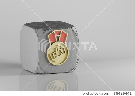 Beautiful Golden thumbs up medal symbol on a beton cube and white ceramic background. 3d rendering illustration. Background pattern for design. Beautiful Golden thumbs up medal symbol on a beton cube and white ceramic background. 3d rendering illustration. Background pattern for design. 88429441