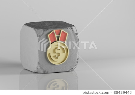 Beautiful Golden medal dollar medal symbol on a beton cube and white ceramic background. 3d rendering illustration. Background pattern for design. Beautiful Golden medal dollar medal symbol on a beton cube and white ceramic background. 3d rendering illustration. Background pattern for design. 88429443