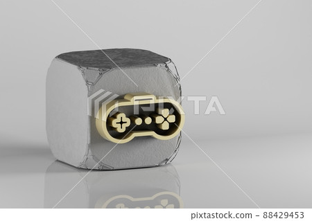 Beautiful Golden Joystick video game retro style symbol icons on a beton cube and white ceramic background. 3d rendering illustration. Background pattern for design. Beautiful Golden Joystick video game retro style symbol icons on a beton cube and white ceramic background. 3d rendering illustration. Background pattern for design. 88429453