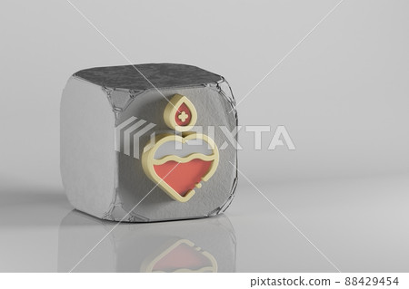 Beautiful Golden Blood donation symbol icons on a beton cube and white ceramic background. 3d rendering illustration. Background pattern for design. Beautiful Golden Blood donation symbol icons on a beton cube and white ceramic background. 3d rendering illustration. Background pattern for design. 88429454