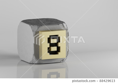 Beautiful Golden Pixel number 8 symbol icons on a beton cube and white ceramic background. 3d rendering illustration. Background pattern for design.. Beautiful Golden Pixel number 8 symbol icons on a beton cube and white ceramic background. 3d rendering illustration. Background pattern for design.. 88429613
