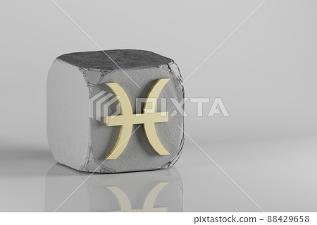 Beautiful Golden zodiac sign Pisces symbol icons on a beton cube and white ceramic background. 3d rendering illustration. Background pattern for design. 88429658