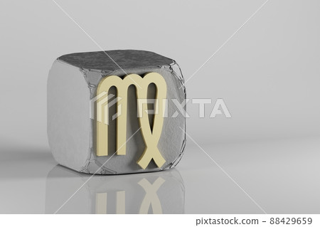 Beautiful Golden zodiac sign Virgo symbol icons on a beton cube and white ceramic background. 3d rendering illustration. Background pattern for design. Beautiful Golden zodiac sign Virgo symbol icons on a beton cube and white ceramic background. 3d rendering illustration. Background pattern for design. 88429659
