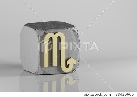 Beautiful Golden zodiac sign Scorpio symbol icons on a beton cube and white ceramic background. 3d rendering illustration. Background pattern for design. Beautiful Golden zodiac sign Scorpio symbol icons on a beton cube and white ceramic background. 3d rendering illustration. Background pattern for design. 88429660