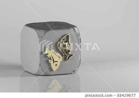 Beautiful Golden zodiac sign Pisces symbol icons on a beton cube and white ceramic background. 3d rendering illustration. Background pattern for design. 88429677