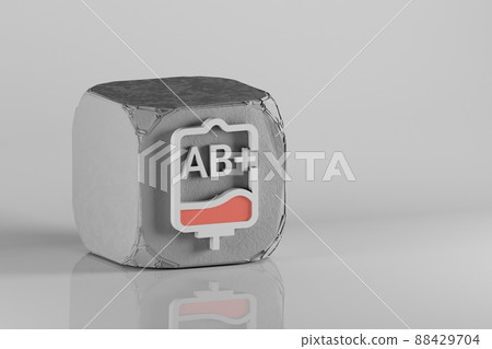 Blood Bag icon. Beautiful Blood Type AB+ Symbol icons on a beton cube and white ceramic background. 3d rendering illustration. Background pattern for design. 88429704