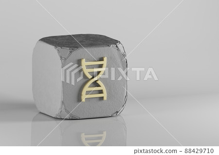 DNA icon. Beautiful Golden symbol icons on a beton cube and white ceramic background. 3d rendering illustration. Background pattern for design. 88429710