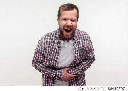 Portrait of extremely excited happy bearded man in casual plaid shirt holding his belly and laughing out loud, chuckling giggling at amusing joke. indoor studio shot isolated on white background 88430207