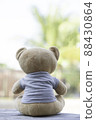 Vertical photo Brown teddy bear facing the camera sitting on a wooden background with green tone background. 88430864