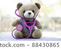 Brown teddy bears wore a stethoscope around the neck. Health care concept. And free space for your text. 88430865