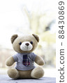 Vertical photo brown teddy bear in a shirt and tie sits on a wooden background with a green background background. 88430869