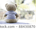 Brown teddy bear facing the camera sitting on a wooden background with green tone background. Free space to enter text. 88430870
