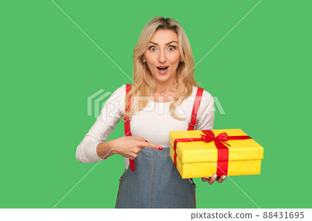 Wow, look at my gift. Portrait of surprised beautiful adult woman looking with amazement and pointing at wrapped box, shocked by unbelievable present, celebrating birthday. indoor studio shot isolated 88431695