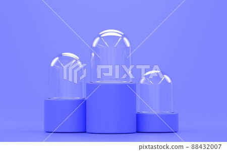 Glass domes, crystal cylinders, transparent balls on high stands, isolated on blue background. Mockup empty clear showcases of plexiglass or acrylic for display on plastic podium. Realistic 3d render 88432007