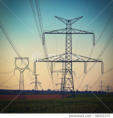 High voltage pylons. Concept for technology and industry. Rising energy prices - further rising electricity and energy prices - the energy crisis caused by the war between Russia and Ukraine. 88432175
