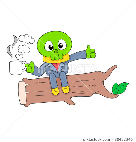 skull man sitting on a tree trunk drinking hot drink, doodle icon image kawaii 88432346