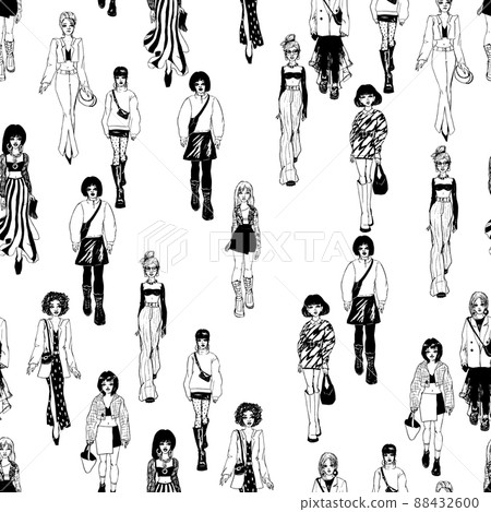 Seamless pattern. Women in trendy clothes. Defile sketch. Seamless pattern. Women in trendy clothes. Defile sketch. 88432600