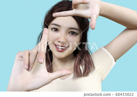 一個微笑的日本女人的姿勢,一頭黑髮,雙手像桌椅一樣修剪風景 一個微笑的日本女人的姿勢,一頭黑髮,雙手像桌椅一樣修剪風景 88433022