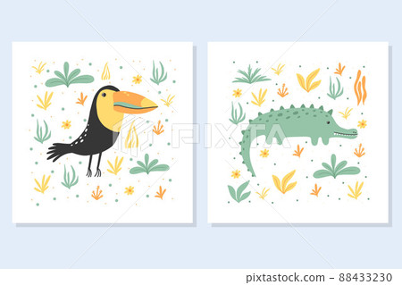 Set of children's posters with jungle animals. Toucan and crocodile posters. Drawn style. Vector illustration. Postcards for posters in the nursery and prints. 88433230