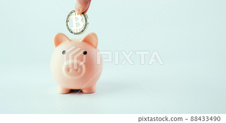 Save money business bitcoin. Pink pig bank with golden bit coin BTC on white background. Save cryptocurrency virtual money concept. Save money business bitcoin. Pink pig bank with golden bit coin BTC on white background. Save cryptocurrency virtual money concept. 88433490