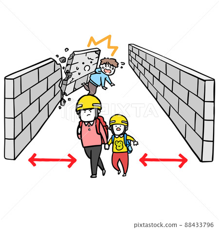 發生災害時的疏散可能會導致街區牆倒塌，所以讓我們留在道路中央。 88433796