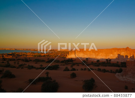 Aerial sunrise Panoramic view to Yoa lake group of Ounianga kebir lakes at the Ennedi, Chad 88433877