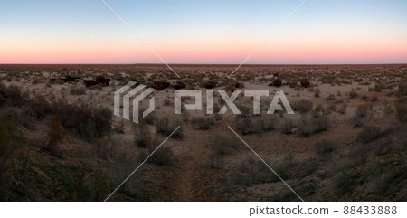 Panorama of ship cemetery at sunset near Moynaq, Karakalpakstan, Uzbekistan Panorama of ship cemetery at sunset near Moynaq, Karakalpakstan, Uzbekistan 88433888