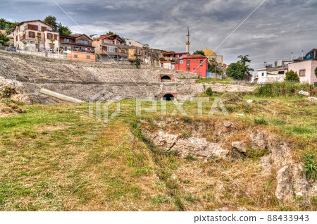 Exterior view to ancient roman Amphitheatre in Durres , Albania Exterior view to ancient roman Amphitheatre in Durres , Albania 88433943