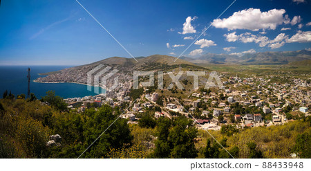 Aerial Panoramic view to Saranda city and bay of Ionian sea from Lekuresi Castle, Albania Aerial Panoramic view to Saranda city and bay of Ionian sea from Lekuresi Castle, Albania 88433948