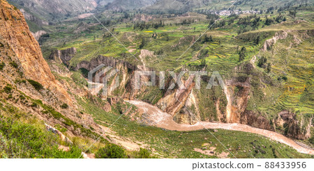 Aerial panoramic view to Colca canyon from the antahuilque viewpoint, Chivay, Arequipa, Peru 88433956