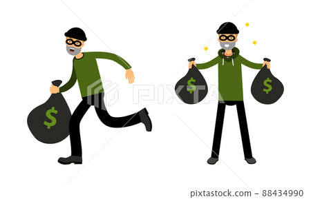 Masked thief committing robbery set. Criminal characters stealing money vector illustration Masked thief committing robbery set. Criminal characters stealing money vector illustration 88434990