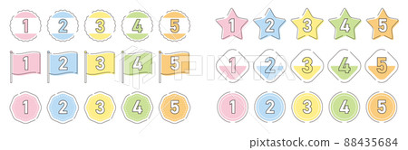 數字圖標集從 1 到 5 6 種類型：圓圈、星星、旗幟（柔和的顏色） 88435684