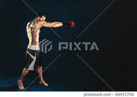 Fitness and boxing concept. Boxer, man fighting or posing in gloves on dark background. Individual sports recreation Fitness and boxing concept. Boxer, man fighting or posing in gloves on dark background. Individual sports recreation 88435708