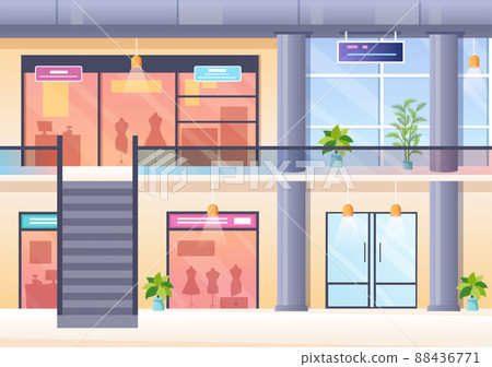 Shopping Mall Modern Background Illustration with Interior Inside, Escalator and Various Retail Store in Flat Style Design 88436771