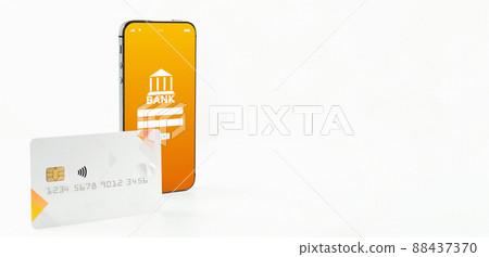 E banking concept. Mobile phone with internet online bank app. Credit card on white background. Online wallet save money. E banking concept. Mobile phone with internet online bank app. Credit card on white background. Online wallet save money. 88437370