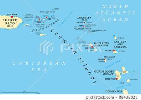 Leeward Islands, political map. Part of the Lesser Antilles, north of Windward Islands in the Caribbean. Virgin Islands, Anguilla, St Kitts and Nevis, Antigua and Barbuda, Montserrat, and Guadeloupe. 88438023